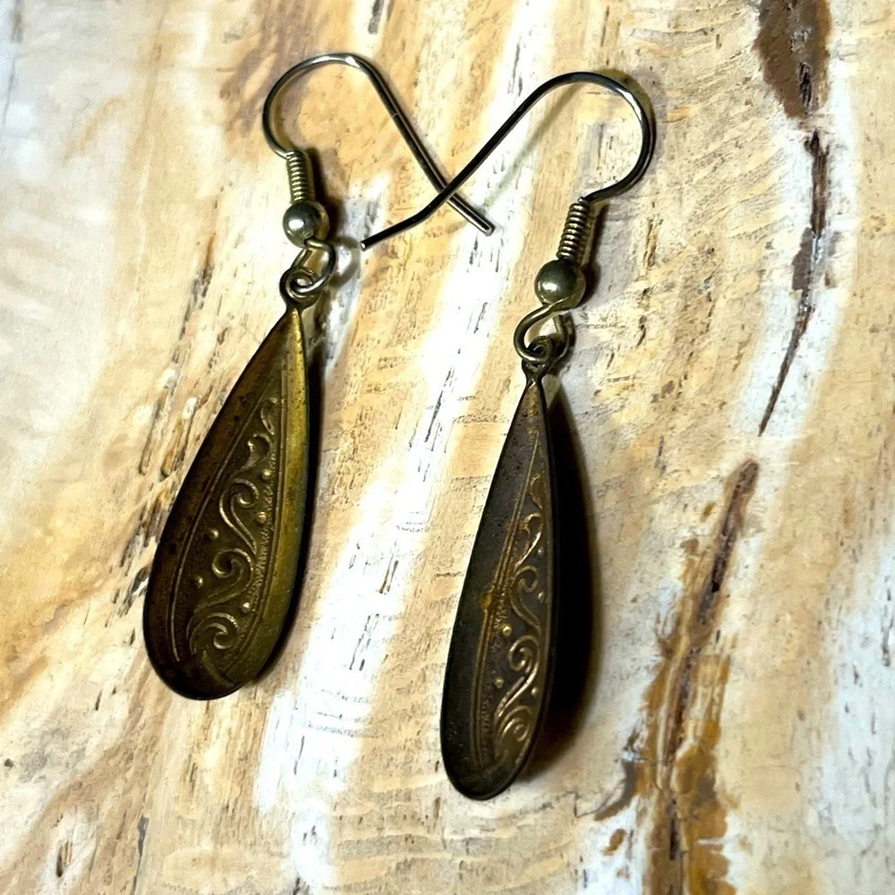 Set/2 Vintage Brass Etched Crystal Earrings